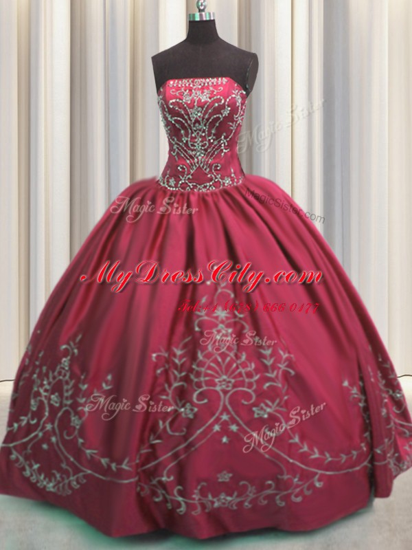 Inexpensive Embroidery Coral Red Sleeveless Taffeta Lace Up Sweet 16 Quinceanera Dress for Military Ball and Sweet 16 and Quinceanera