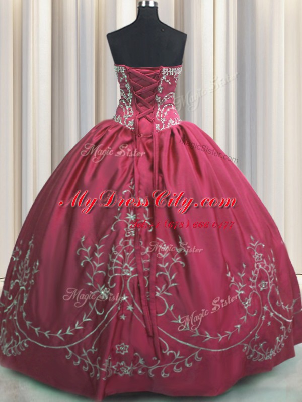 Inexpensive Embroidery Coral Red Sleeveless Taffeta Lace Up Sweet 16 Quinceanera Dress for Military Ball and Sweet 16 and Quinceanera