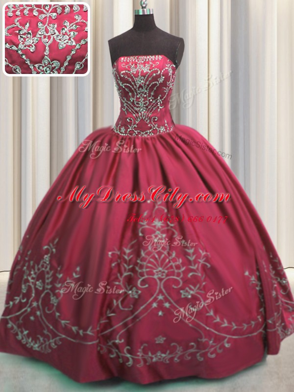 Inexpensive Embroidery Coral Red Sleeveless Taffeta Lace Up Sweet 16 Quinceanera Dress for Military Ball and Sweet 16 and Quinceanera