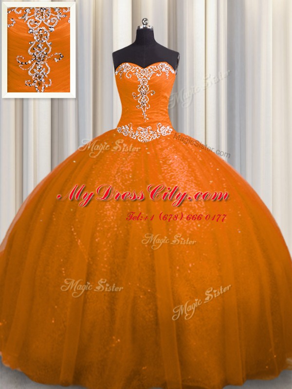 Super Rust Red Lace Up Sweetheart Beading and Appliques Quinceanera Dresses Tulle and Sequined Sleeveless Court Train