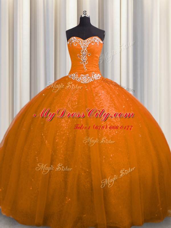 Super Rust Red Lace Up Sweetheart Beading and Appliques Quinceanera Dresses Tulle and Sequined Sleeveless Court Train