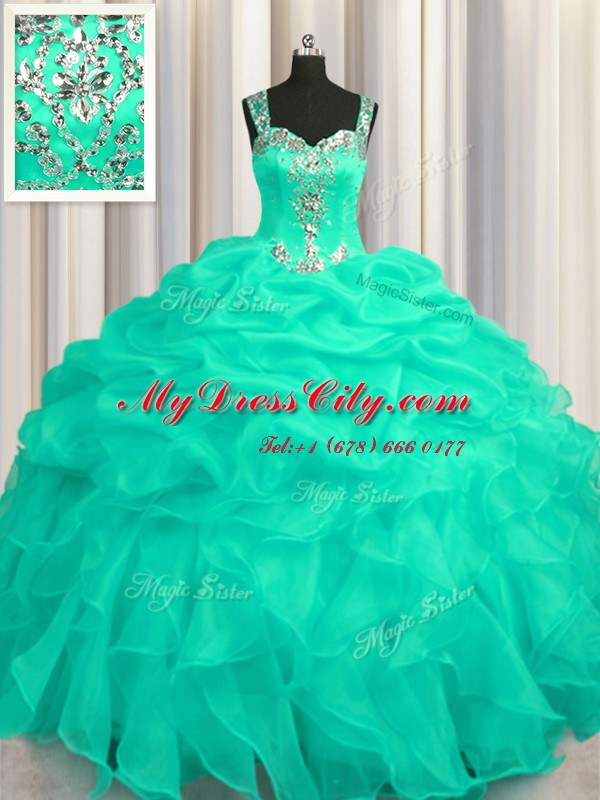 Affordable See Through Zipper Up Straps Sleeveless Sweet 16 Quinceanera Dress Floor Length Appliques and Ruffles Turquoise Organza