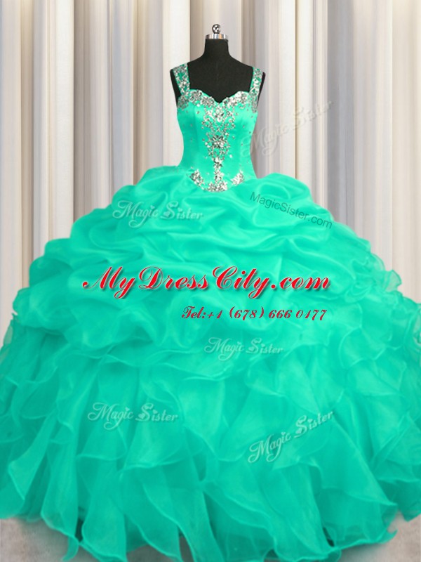 Affordable See Through Zipper Up Straps Sleeveless Sweet 16 Quinceanera Dress Floor Length Appliques and Ruffles Turquoise Organza