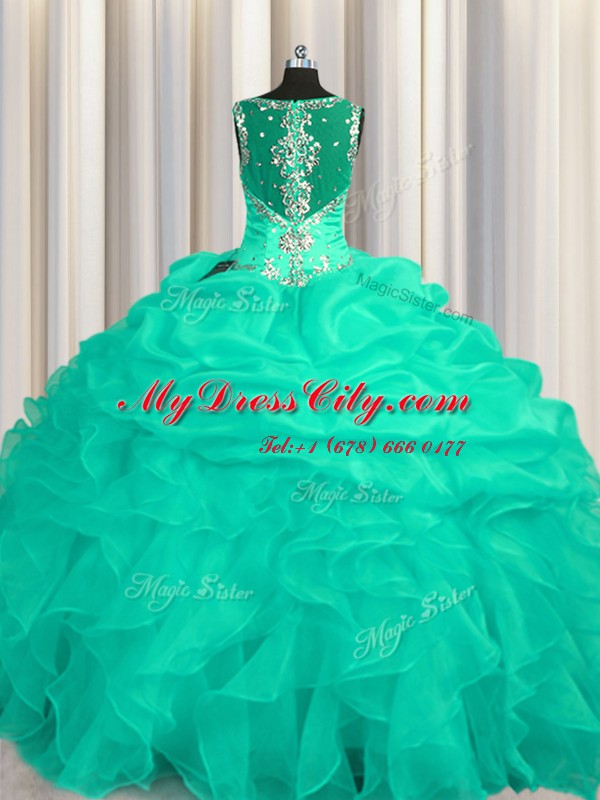 Affordable See Through Zipper Up Straps Sleeveless Sweet 16 Quinceanera Dress Floor Length Appliques and Ruffles Turquoise Organza