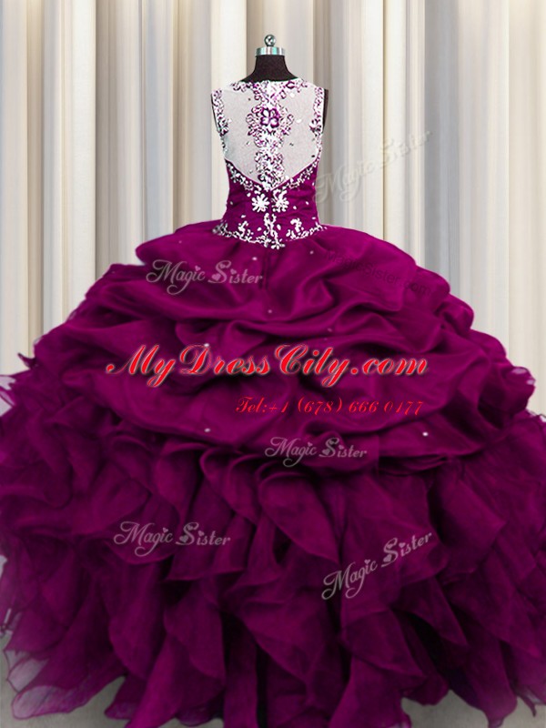 Admirable See Through Back Sleeveless Beading and Ruffles and Sequins Zipper Quinceanera Dresses