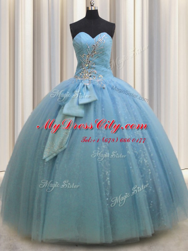 Fabulous Sweetheart Sleeveless Sweet 16 Quinceanera Dress Floor Length Beading and Sequins and Bowknot Baby Blue Tulle