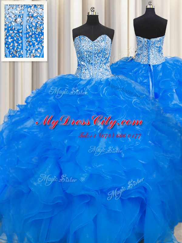 Visible Boning Beaded Bodice Sleeveless Organza Floor Length Lace Up Vestidos de Quinceanera in Blue with Beading and Ruffles