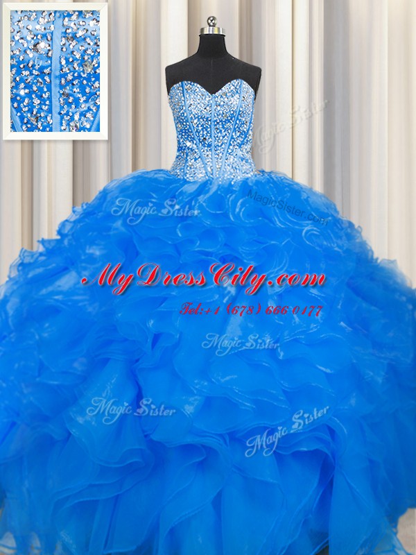 Visible Boning Beaded Bodice Sleeveless Organza Floor Length Lace Up Vestidos de Quinceanera in Blue with Beading and Ruffles