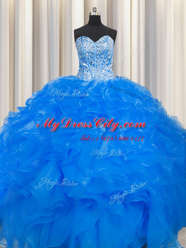 Visible Boning Beaded Bodice Sleeveless Organza Floor Length Lace Up Vestidos de Quinceanera in Blue with Beading and Ruffles