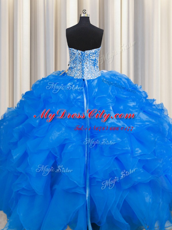 Visible Boning Beaded Bodice Sleeveless Organza Floor Length Lace Up Vestidos de Quinceanera in Blue with Beading and Ruffles