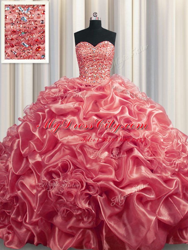 Organza Sleeveless With Train 15th Birthday Dress Court Train and Beading and Pick Ups