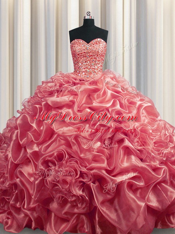 Organza Sleeveless With Train 15th Birthday Dress Court Train and Beading and Pick Ups