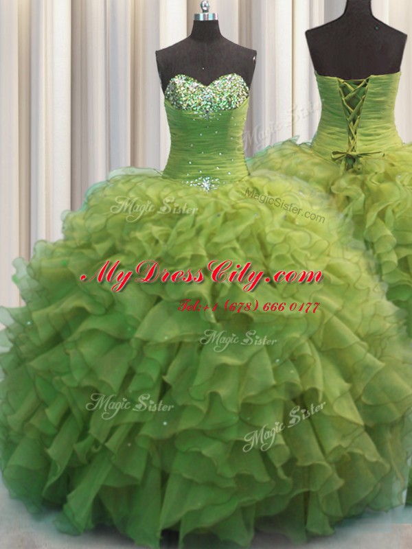 Beaded Bust Olive Green Sleeveless Floor Length Beading and Ruffles Lace Up Quinceanera Dresses