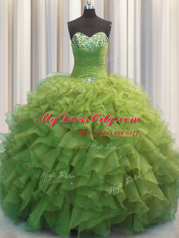 Beaded Bust Olive Green Sleeveless Floor Length Beading and Ruffles Lace Up Quinceanera Dresses