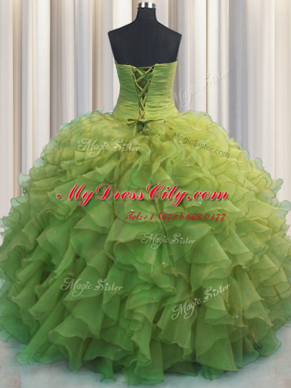 Beaded Bust Olive Green Sleeveless Floor Length Beading and Ruffles Lace Up Quinceanera Dresses