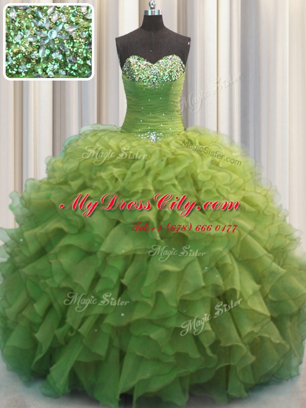 Beaded Bust Olive Green Sleeveless Floor Length Beading and Ruffles Lace Up Quinceanera Dresses