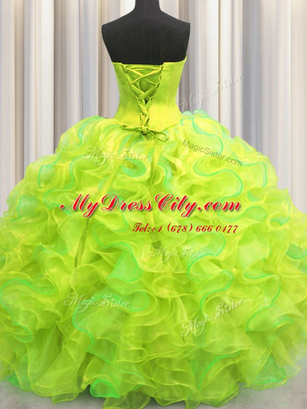 Multi-color Organza Lace Up 15 Quinceanera Dress Sleeveless Floor Length Beading and Ruffles