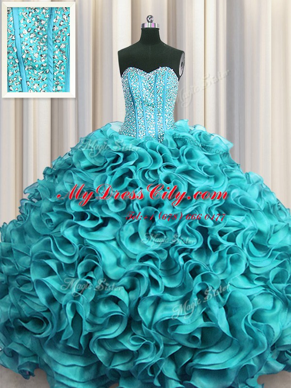 Modern Visible Boning Floor Length Aqua Blue Quinceanera Dresses Sweetheart Sleeveless Lace Up