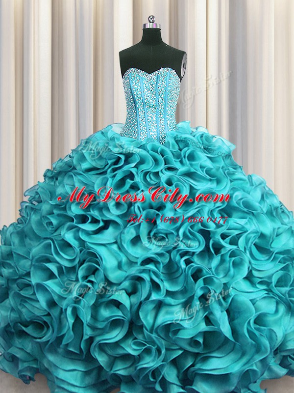 Modern Visible Boning Floor Length Aqua Blue Quinceanera Dresses Sweetheart Sleeveless Lace Up