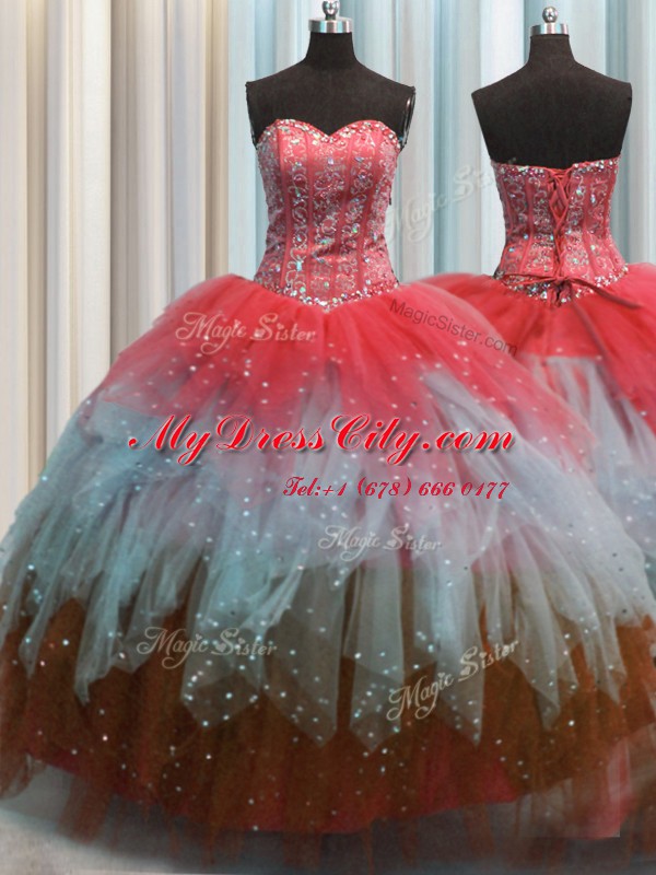 Visible Boning Multi-color Ball Gowns Tulle Sweetheart Sleeveless Beading and Ruffles and Sequins Floor Length Lace Up 15th Birthday Dress