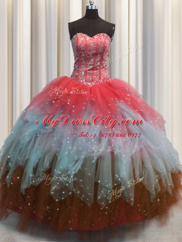 Visible Boning Multi-color Ball Gowns Tulle Sweetheart Sleeveless Beading and Ruffles and Sequins Floor Length Lace Up 15th Birthday Dress