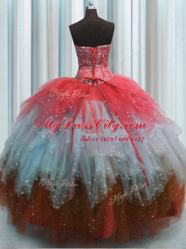 Visible Boning Multi-color Ball Gowns Tulle Sweetheart Sleeveless Beading and Ruffles and Sequins Floor Length Lace Up 15th Birthday Dress