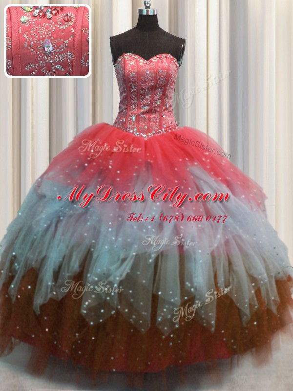 Visible Boning Multi-color Ball Gowns Tulle Sweetheart Sleeveless Beading and Ruffles and Sequins Floor Length Lace Up 15th Birthday Dress