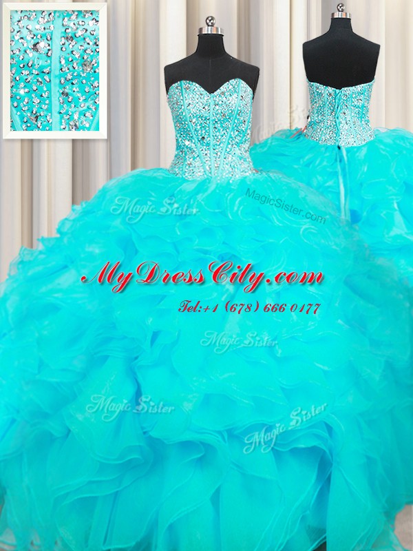 Visible Boning Beaded Bodice Sweetheart Sleeveless Lace Up Quinceanera Gown Aqua Blue Organza