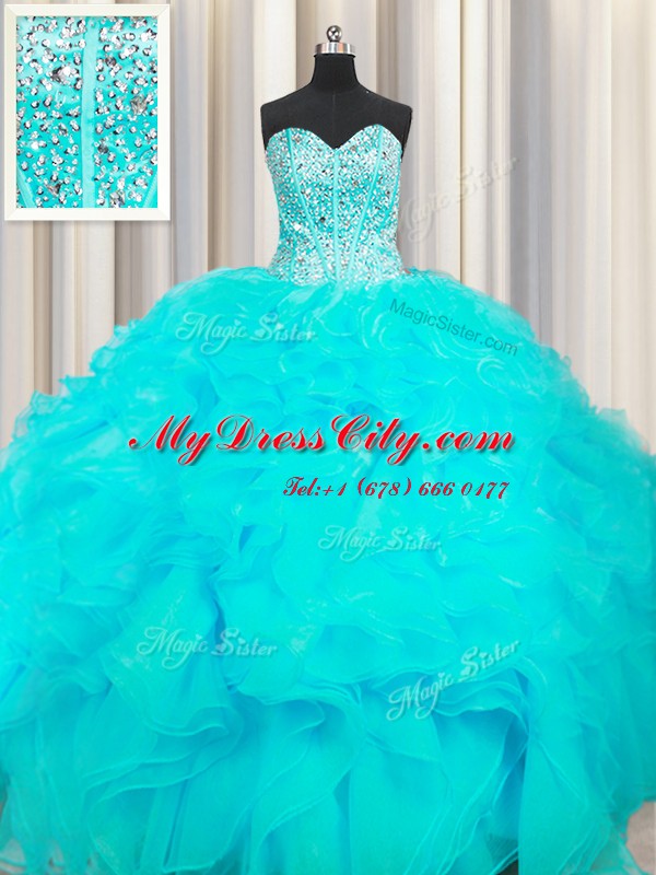 Visible Boning Beaded Bodice Sweetheart Sleeveless Lace Up Quinceanera Gown Aqua Blue Organza