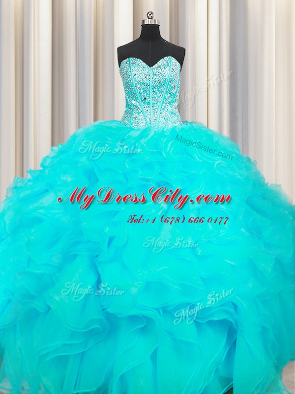 Visible Boning Beaded Bodice Sweetheart Sleeveless Lace Up Quinceanera Gown Aqua Blue Organza