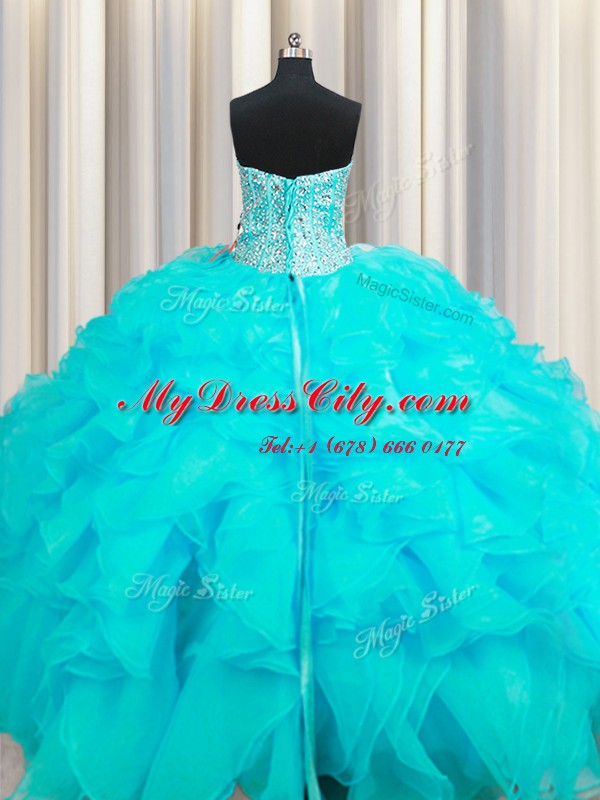 Visible Boning Beaded Bodice Sweetheart Sleeveless Lace Up Quinceanera Gown Aqua Blue Organza