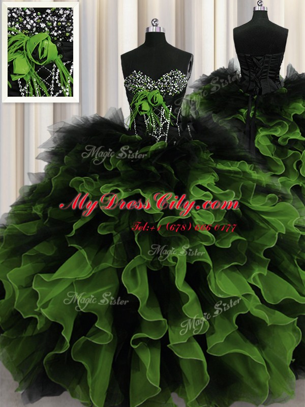 Exceptional Sweetheart Sleeveless 15th Birthday Dress Floor Length Beading and Ruffles Multi-color Organza and Tulle