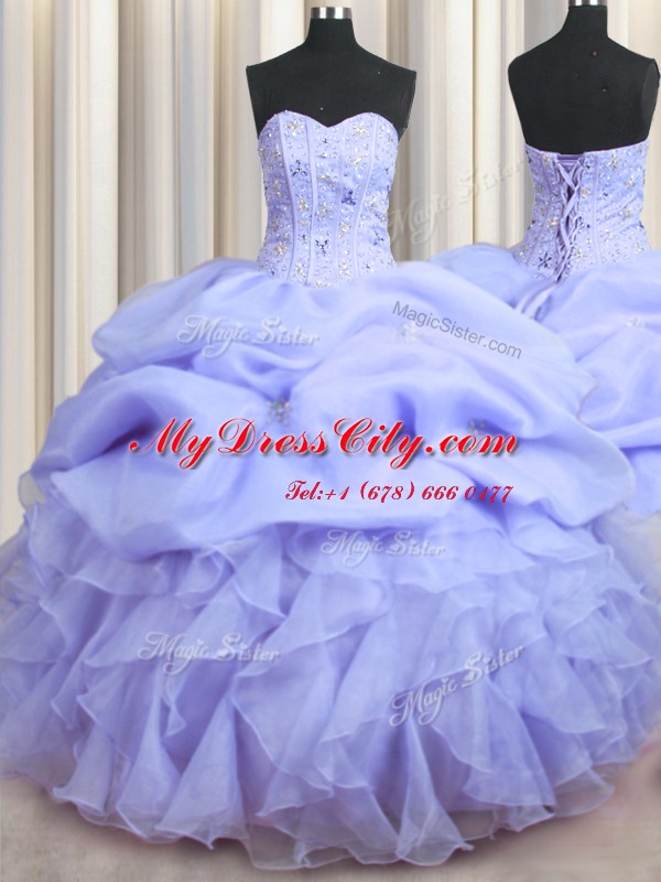 Visible Boning Lavender Sweetheart Lace Up Beading and Ruffles Quinceanera Dresses Sleeveless