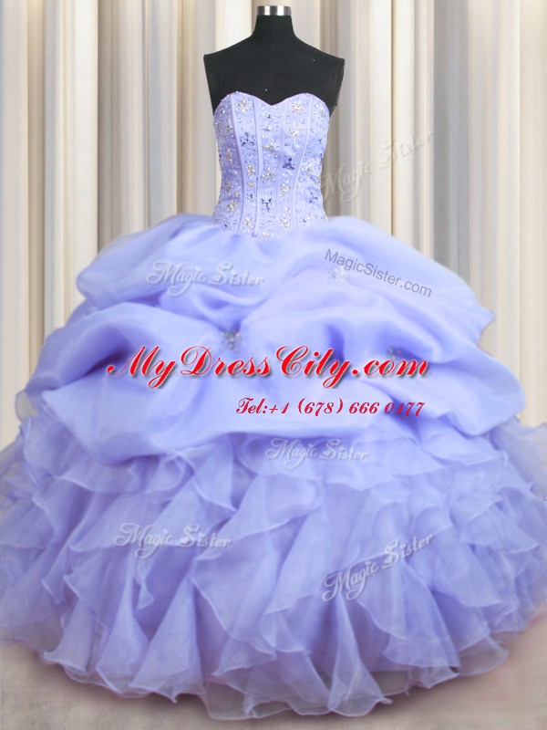 Visible Boning Lavender Sweetheart Lace Up Beading and Ruffles Quinceanera Dresses Sleeveless