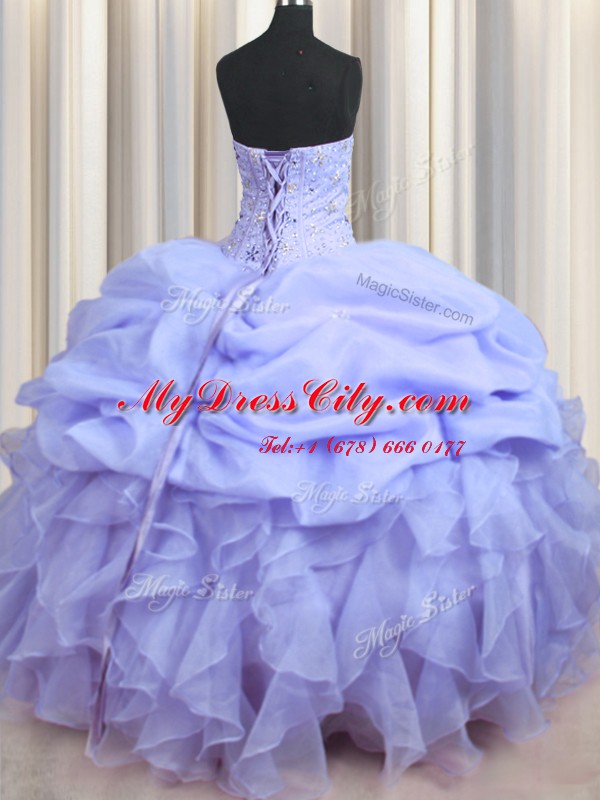 Visible Boning Lavender Sweetheart Lace Up Beading and Ruffles Quinceanera Dresses Sleeveless