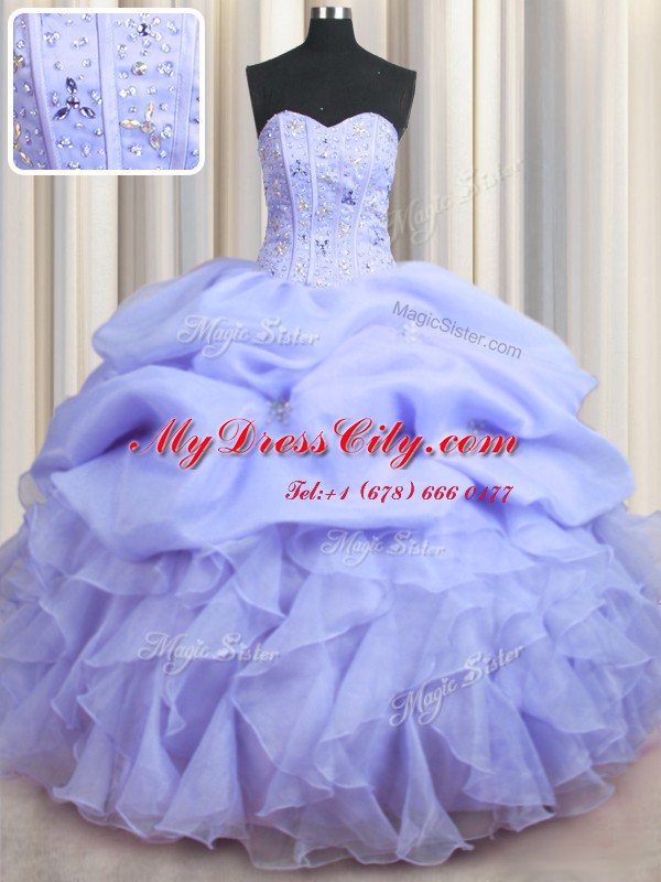 Visible Boning Lavender Sweetheart Lace Up Beading and Ruffles Quinceanera Dresses Sleeveless