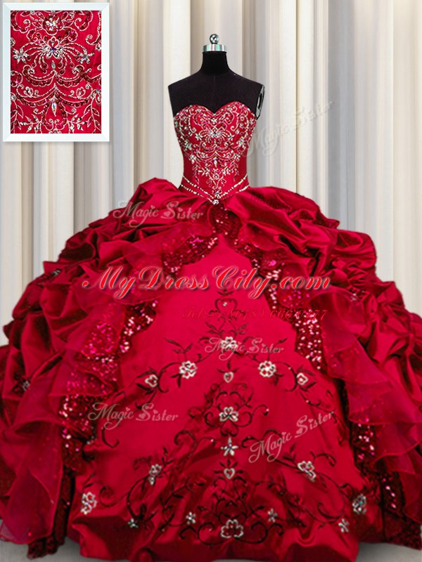 Enchanting Embroidery Sequins Red Sweetheart Neckline Beading and Appliques and Ruffles Ball Gown Prom Dress Sleeveless Lace Up