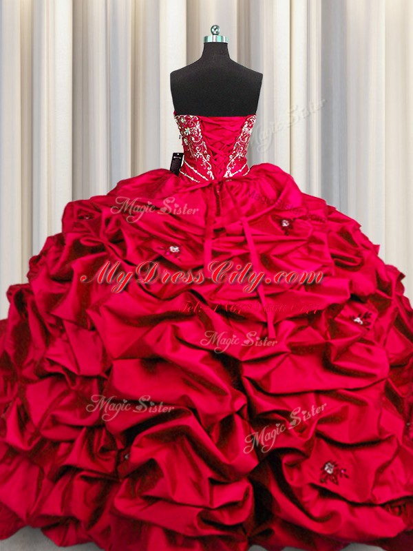 Enchanting Embroidery Sequins Red Sweetheart Neckline Beading and Appliques and Ruffles Ball Gown Prom Dress Sleeveless Lace Up