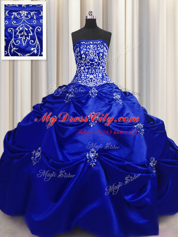 Elegant Royal Blue Lace Up Strapless Beading and Appliques and Embroidery Quinceanera Dress Taffeta Sleeveless