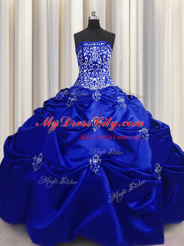 Elegant Royal Blue Lace Up Strapless Beading and Appliques and Embroidery Quinceanera Dress Taffeta Sleeveless