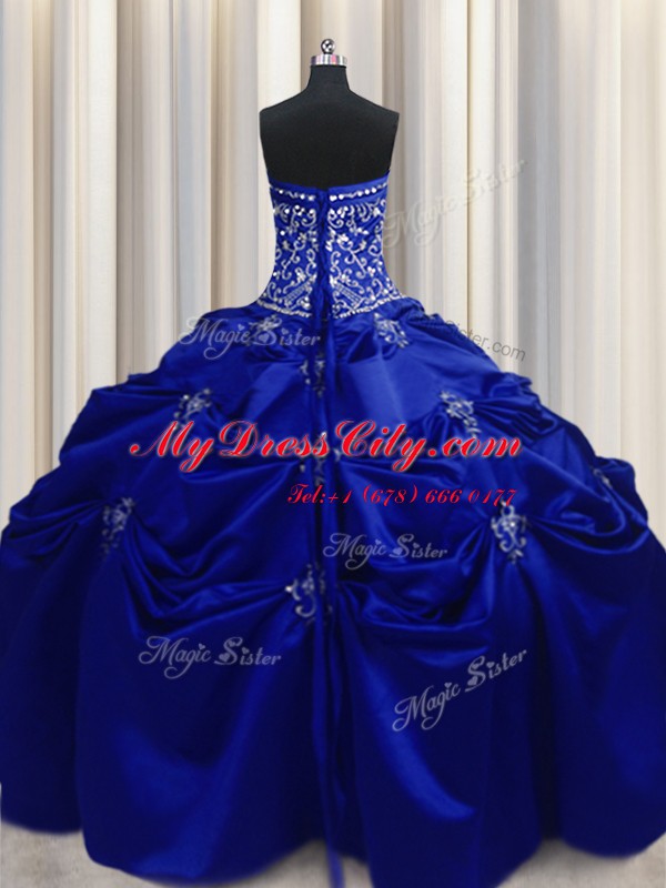 Elegant Royal Blue Lace Up Strapless Beading and Appliques and Embroidery Quinceanera Dress Taffeta Sleeveless