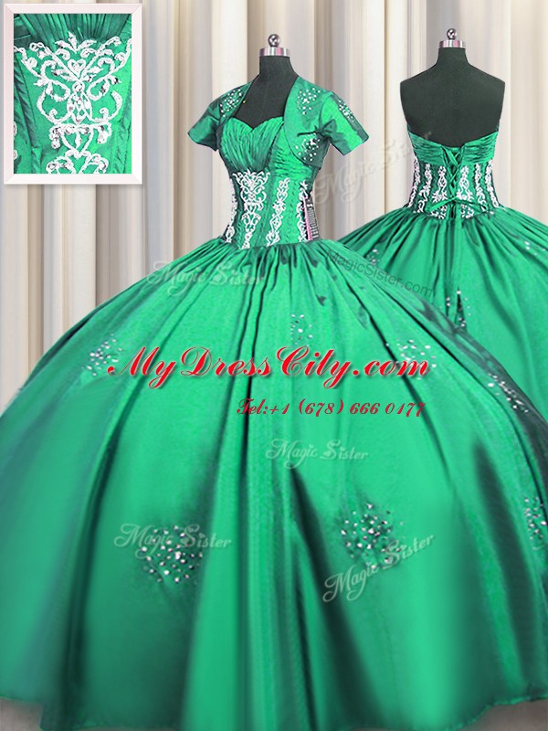 Artistic Floor Length Turquoise Quinceanera Dresses Sweetheart Short Sleeves Lace Up