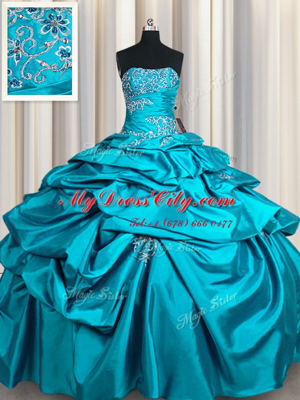 Nice Teal Strapless Lace Up Appliques and Pick Ups Quinceanera Dresses Sleeveless