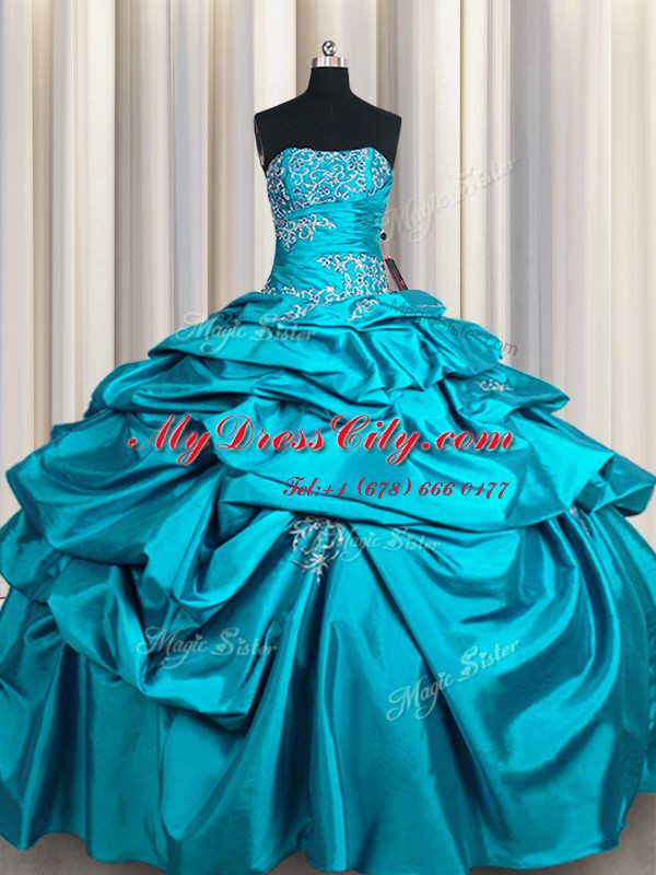 Nice Teal Strapless Lace Up Appliques and Pick Ups Quinceanera Dresses Sleeveless