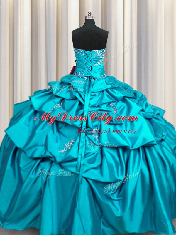 Nice Teal Strapless Lace Up Appliques and Pick Ups Quinceanera Dresses Sleeveless