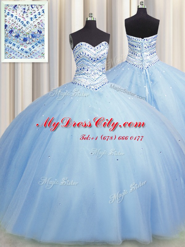 Designer Bling-bling Big Puffy Light Blue Tulle Lace Up Sweetheart Sleeveless Floor Length Quinceanera Dress Beading