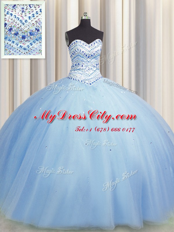 Designer Bling-bling Big Puffy Light Blue Tulle Lace Up Sweetheart Sleeveless Floor Length Quinceanera Dress Beading