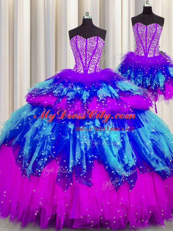 Three Piece Visible Boning Sweetheart Sleeveless Tulle 15th Birthday Dress Beading and Ruffles and Ruffled Layers and Sequins Lace Up