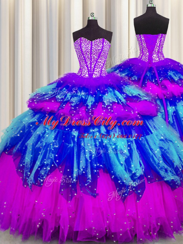 Three Piece Visible Boning Sweetheart Sleeveless Tulle 15th Birthday Dress Beading and Ruffles and Ruffled Layers and Sequins Lace Up