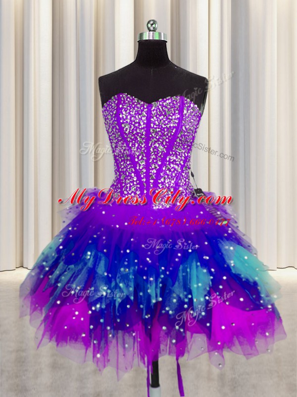 Three Piece Visible Boning Sweetheart Sleeveless Tulle 15th Birthday Dress Beading and Ruffles and Ruffled Layers and Sequins Lace Up